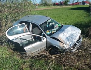 Samochód koloru srebrnego w przydrożnym rowie. Pojazd posiada uszkodzenia karoserii.