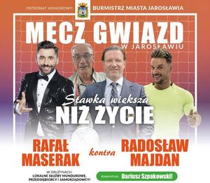 Plakat informujący o wydarzeniu charytatywnym na rzecz chorej Matyldy. Widnieje na nim napis mecz gwiazd oraz sylwetki czterech mężczyzn.