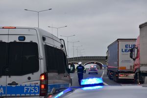 Policyjne radiowozy na autostradzie. Przed jednym z nich znajduje się policjant kierujący ruchem. Po prawej stronie na poboczu znajdują się dwa pojazdy ciężarowe.