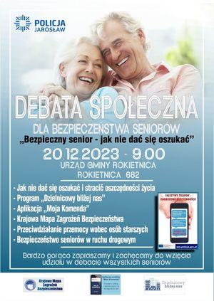 Plakat informujący o debacie społecznej w Rokietnicy w dniu 20.12.2023r.o godz. 9.00 w Urzędzie Gminy Rokietnica