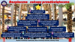 Grafika przedstawiająca w formie choinki informacje z poradami o bezpiecznych zakupach przedświątecznych