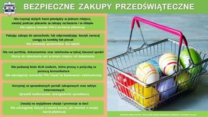 Grafika przedstawiająca porady jak bezpiecznie robić zakupy świąteczne - po lewej stronie znajduje się koszyk na zakupy, a w nim pisanki