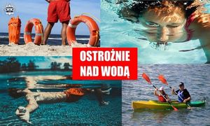 Plakat przypominający o ostrożnych zachowaniach nad wodą. Widoczne są na nim osoby uprawiające sporty wodne oraz ratownik
