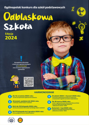 Plakat promujący konkurs dla szkół podstawowych Odblaskowa szkoła Edycja 2024 na którym widnieje chłopczyk, a poniżej harmonogram konkursu.