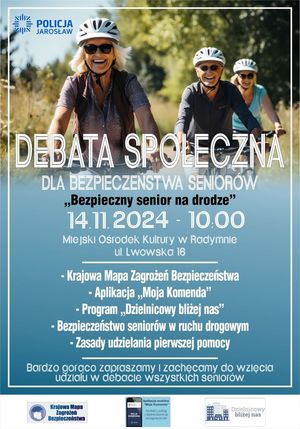 Plakat przedstawiający seniorów na rowerach. Poniżej znajduje się napis o treści &quot;Debata Społeczna&quot;. Pod nim dokładne miejsce wydarzenia oraz program debaty.