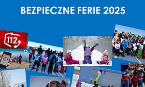 Zdjęcie przedstawiające dzieci w trakcie zimowego wypoczynku. Na górze znajduje się napis o treści &quot;Bezpieczne Ferie 2025&quot;