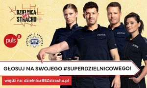Grafika przedstawiająca policjantów. Plakat związany jest z konkursem Super Dzielnicowy