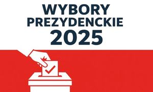 Grafika przedstawiająca napis na tle flagi biało czerwonej o treści Wybory Prezydenckie 2025 oraz urnę z dłonią wrzucającą kartę do głosowania