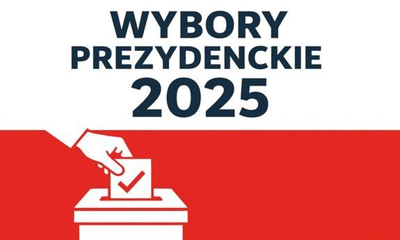 Grafika przedstawiająca napis na tle flagi biało czerwonej o treści Wybory Prezydenckie 2025 oraz urnę z dłonią wrzucającą kartę do głosowania