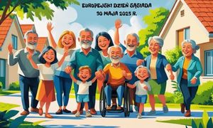 Plakat przedstawiający grafikę na której widoczne są osoby starsze i dzieci. Na górze plakatu widnieje napis Europejski Dzień Sąsiada 30 maja 2025 r.