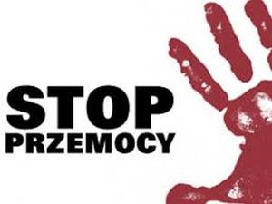 Plakat przedstawiający odbita dłoń oraz napis Stop Przemocy