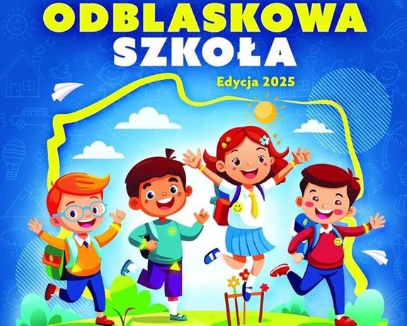 Plakat przedstawiający biegnące dzieci z plecakami. Na górze grafiki widnieje napis Odblaskowa szkoła