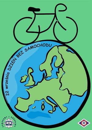 Plakat promujący akcję dzień bez samochodu. na grafice znajduje się kula ziemska, a na niej rower