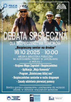Plakat informujący seniorów o debacie na temat Bezpieczny senior na drodze