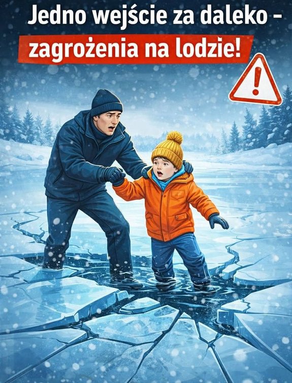 Mężczyzna z dzieckiem na pękającym lodzie. Na plakacie widnieje napis Jedno wejście za daleko - zagrożenia na lodzie!