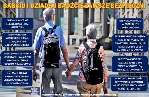 Grafika przedstawiająca seniorów z plecakami. Kobieta i mężczyzna trzymają się za ręce. Na zdjęciu znajdują się także porady dla seniorów w trosce o ich bezpieczeństwo.