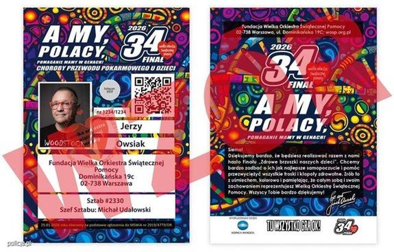 Wzór identyfikatora, na którym znajduje się imię i nazwisko, numer wolontariusza (ten sam powinien być widoczny na puszce) oraz zdjęcie wolontariusza, dane sztabu, w którym działa wolontariusz, numer zbiórki, hologram potwierdzający oryginalność identyfikatora, pieczątka Fundacji WOŚP oraz kod QR;