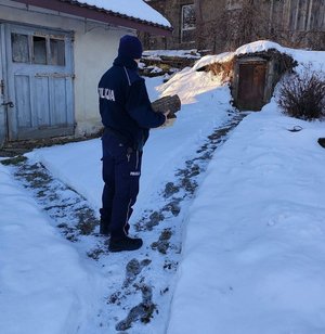 Policjant niesie drzewno opałowe
