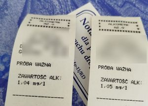 Wydruk z urządzenia kontrolno-pomiarowego na zawartość alkoholu
