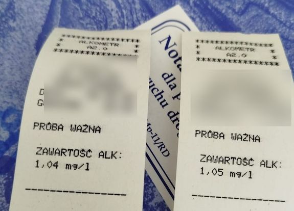 Wydruk z urządzenia kontrolno-pomiarowego na zawartość alkoholu