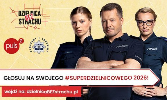 Plakat promujący #Super Dzielnicowy. Na plakacie znajdują się policjantki i policjant