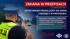 Po lewej stronie znajduje się policjant. Po prawej stronie informacje o zmianach przepisów ruchu drogowego