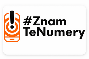 Grafika przedstawiająca zarys telefonu komórkowego z wykrzyknikiem. Obok niego napis o treści #ZnamTeNumery