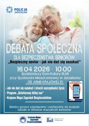 Plakat zapraszający na debatę społeczną nt. oszustw seniorów