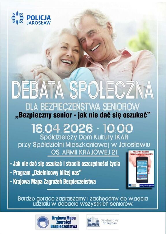 Plakat zapraszający na debatę społeczną nt. oszustw seniorów
