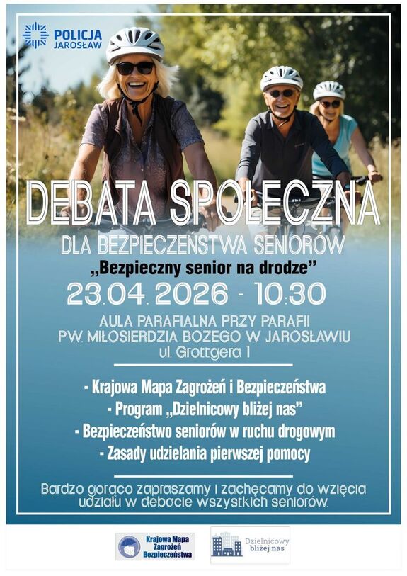 Plakat informujący o debacie dla seniorów pt. Bezpieczny senior na drodze