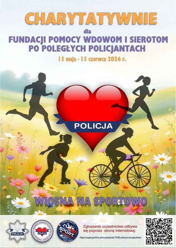 Plakat informujący o akcji charytatywnej "Wiosna na sportowo". Grafika przedstawia serce wokół którego znajdują się sylwetki osób uprawiających różne dyscypliny służbowe