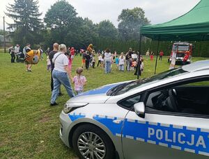 Na pierwszym tle radiowóz. W oddali piknik